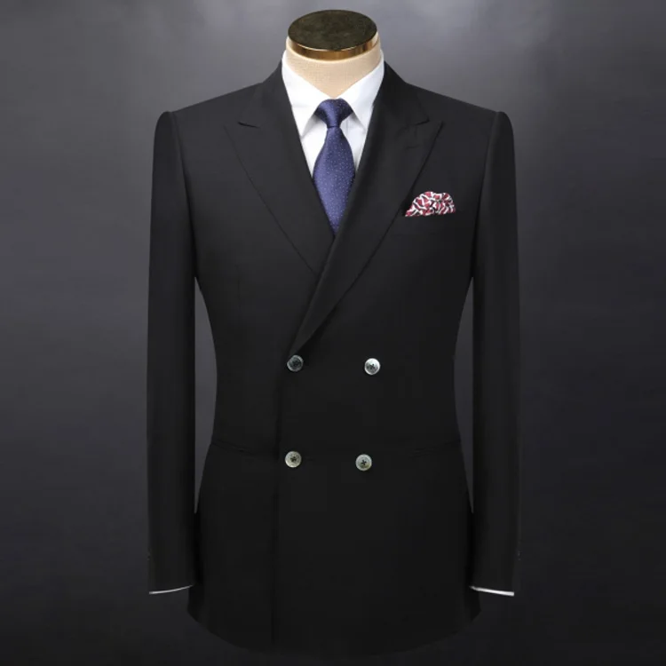 

100%wool Lapel black new style double breasted mens suit