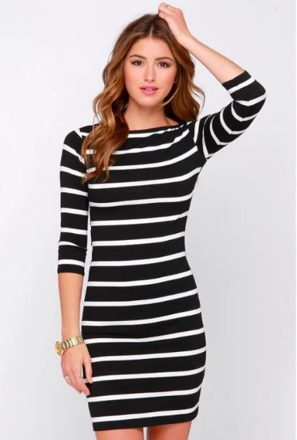 2019 New Spring Summer Women Round Neck Fashion Long Sleeve Straight Plus Size Casual Dress Black and White Striped BodyconDress