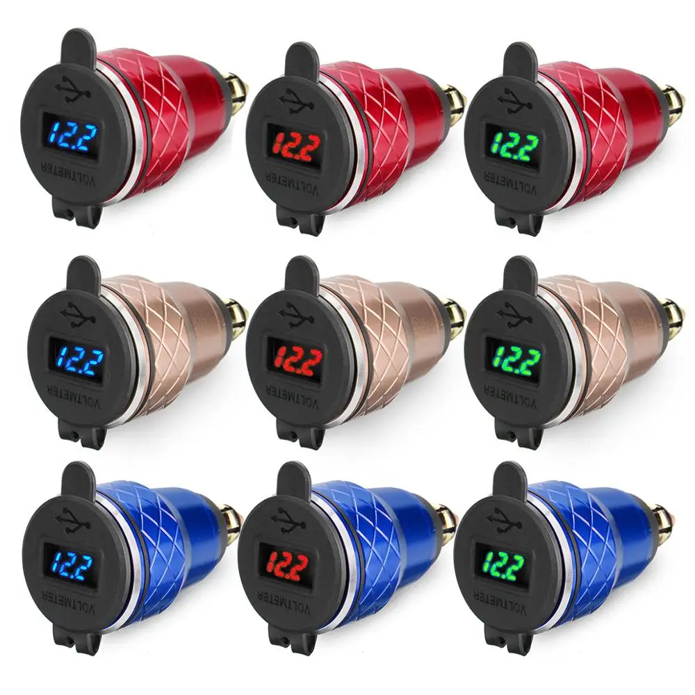 

Motorcycle Dual USB Charger 2 Port 4.2A Voltmeter, Red, blue, gold , black