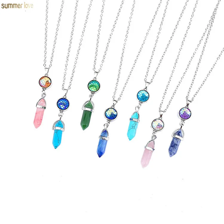 

Natural Stone Silver Crystal Opals Birthstone Mermaid Scales Fish Bullet Pendant Women's Choker Necklace, Green, light pink, watermelon red, blue and white porcelain, blue