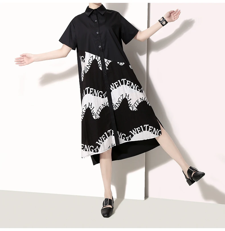 

New 2019 Korean Style Women Summer Black Midi Printed Dress With Pocket Short-Sleeve Female Unique Wear Casual Dress Robe, N/a