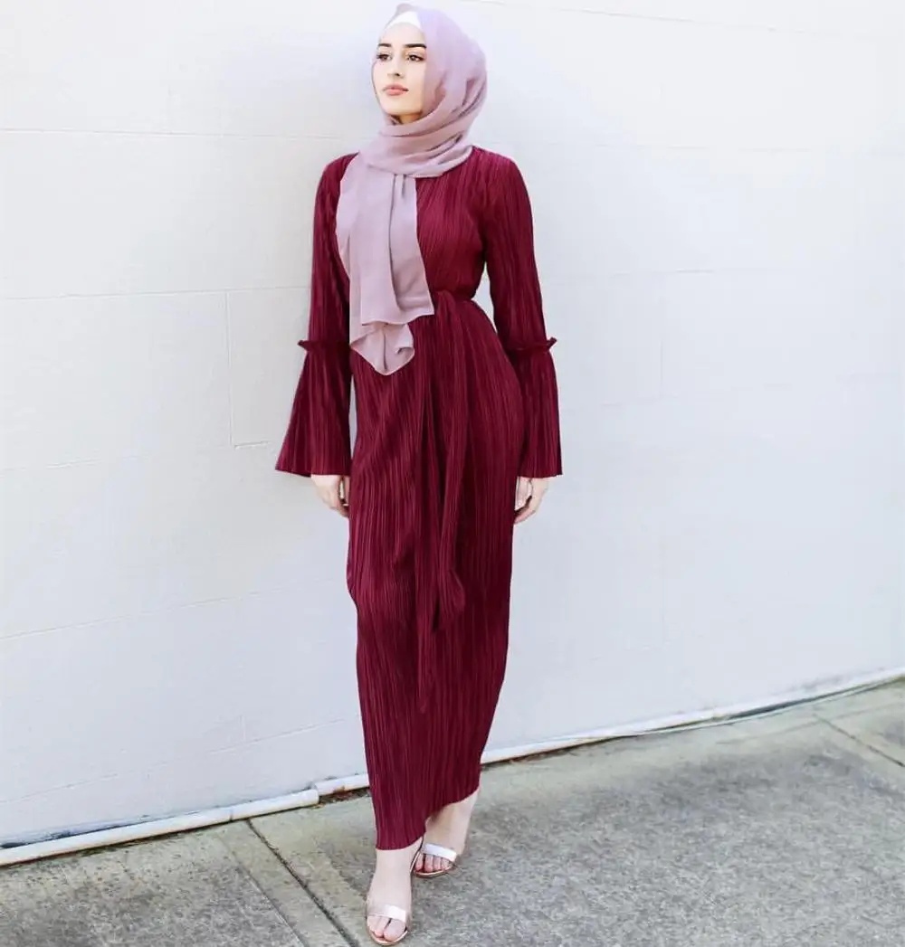 

2018 Wholesale women hotsale fashion islamic design girls maxi long muslim pleated fabric dresses, N/a