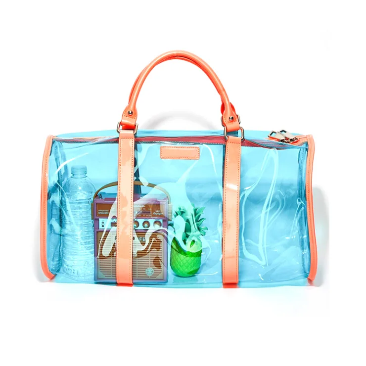 

Women Eco-friendly Custom Print Logo Transparent Clear Waterproof PVC Duffel Bag Gym Sport Duffle Bag, Green,pink,blue or customized