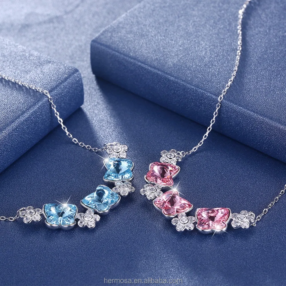 

Hermosa Jewelry Butterfly Shape Austria Aurora Crystal Necklace Pendant 925 Sterling Silver Gifts For Girls, Pink/blue