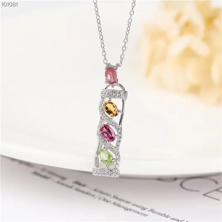 

gemstone jewelry factory wholesale S925 silver natural colorful tourmaline necklace pendant for women, Mixed colors