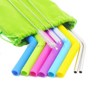 Reusable Silicone Drinking Bent Straws with Cleaning Brushes