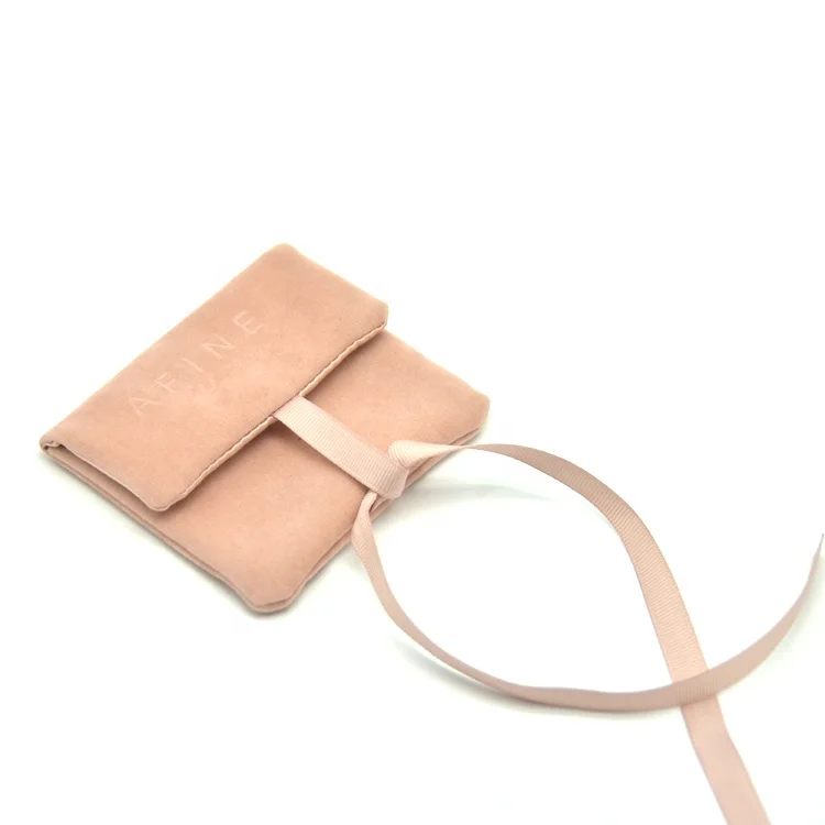 Custom Embossed Logo Envelope Jewelry Pouch With Ribbon Flap