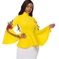 

Winter Elegant Yellow Embroidery Ladies Office Wear Appliqued Turtleneck Blouse Long Sleeve Women