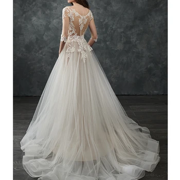 Morden Lace Embroidery Mermaid Wedding Long Dresses For Woman V Neck Long Sleeve Bride gown Button Vintage Pleat Robe De Mariée