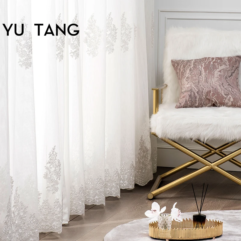 Embroidery Cypress Vine Pattern White Sheer Curtain Fabric For