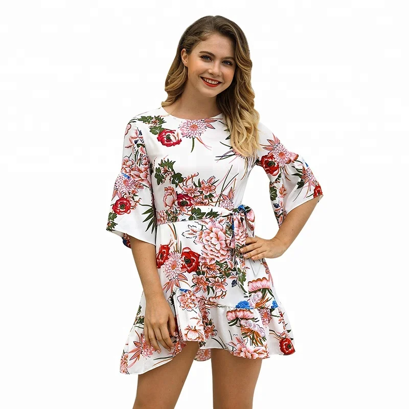

Ladies Half Sleeve Floral Print Dress 2018, White / green / navy blue / pink