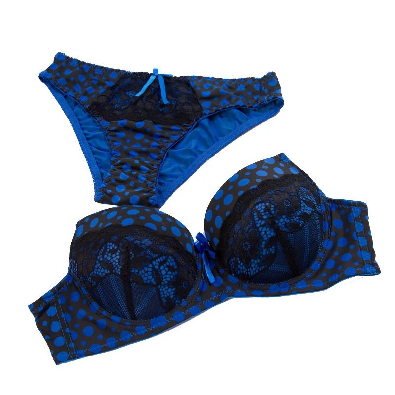 

Large cup printed sexy bra set with gathered undergarments, Pink;red;blue;sky blue