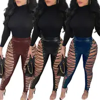 

Women's sexy strap design high waist club leather pants