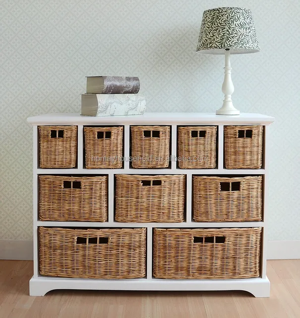 10 Wicker Baskets Storage Shelf Bedroom Furniture Set Wooden