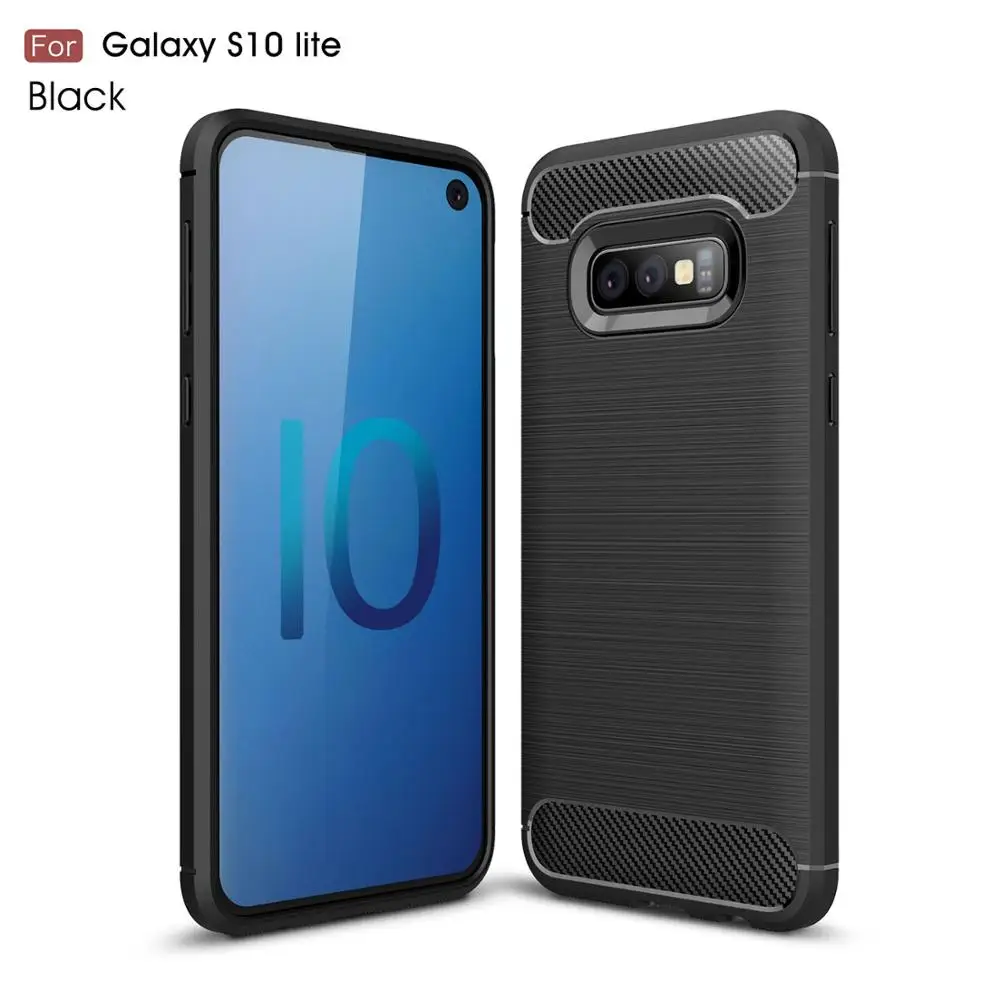 

Shockproof TPU Bumper Brushed Carbon Fiber Back Cover for Samsung Galaxy S10E, Black;blue;red;gray