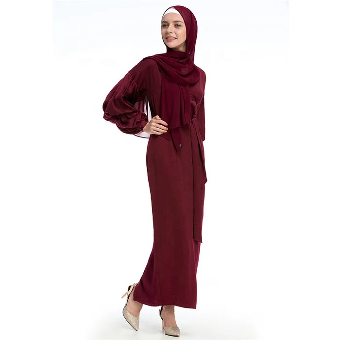 

2019 New arrival popular plain color puff sleeve dress muslim women abaya, Wine red;black;beige;gray