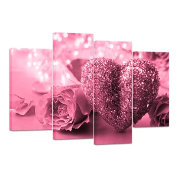 Hd Printed Pink Diamond Heart Wall Pictures Romantic Bedroom Home Decor 4 Panels Rose Flower Canvas Prints For Living Room Buy 4 Panels Canvas