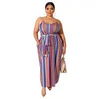 

New arrival casual plus size women fashion striped print loose sleeveless sashes long dress