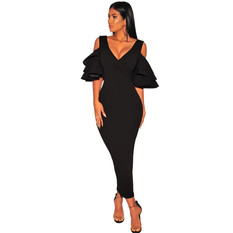 

Black Mustard Tiered Sleeve Cold Shoulder Sexy Mid-calf Dresses Ladies Women Bodycon Dress a610899, Can follow customers' requirements