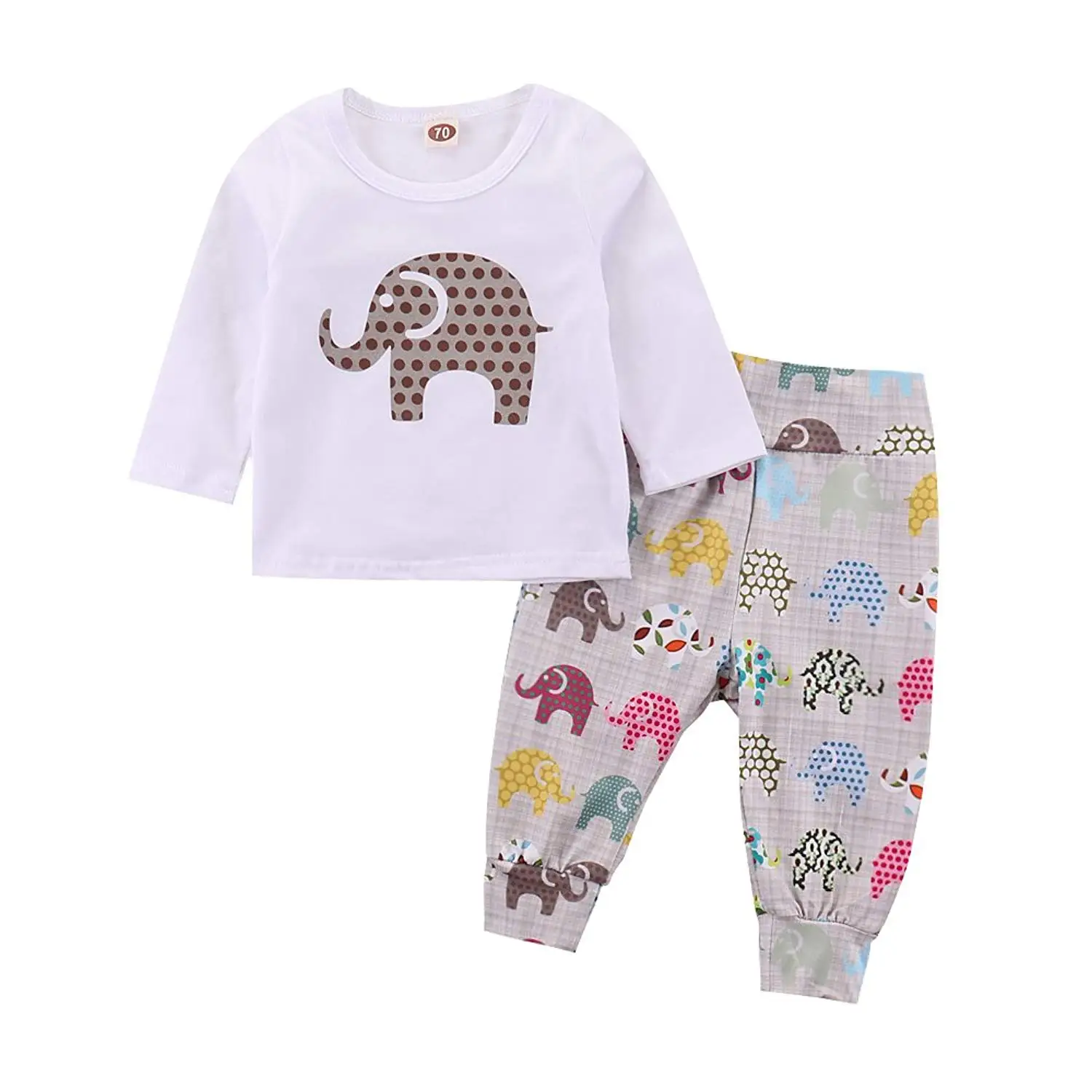Newbron Baby Boy Girl Elephant Print Long Sleeve Romper+Multicoloured Pant Clothing Set