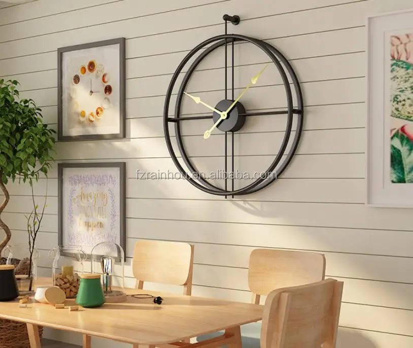 

23inch RAINHOU Amazon hot sell round metal BLACK art home decorative quartz wall mounted clock