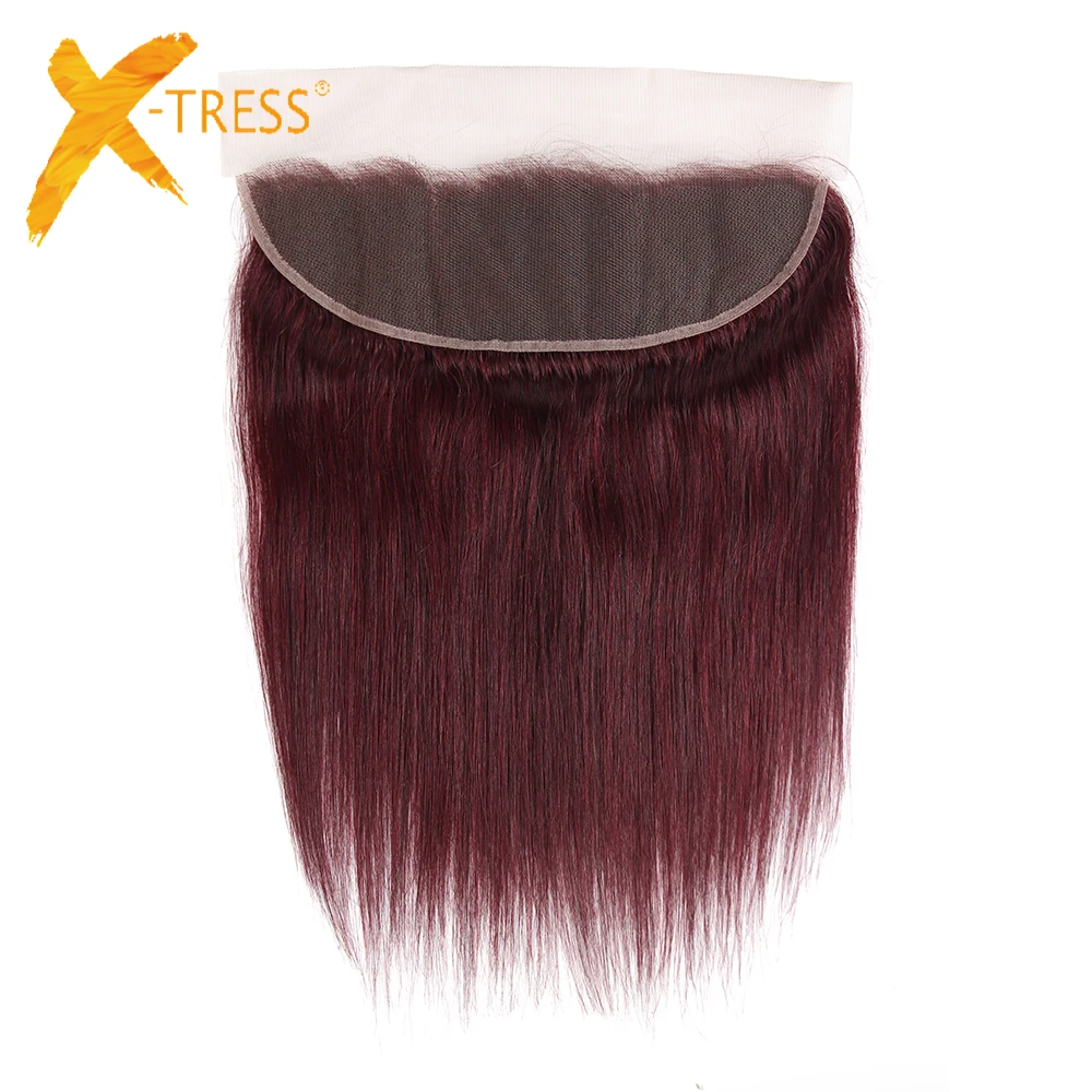 Human Hair 13X4 Lace Frontal With Baby Hair X-TRESS Red Color 99J Straight Brazilian Remy Hair Lace Closure Middle/Free Part