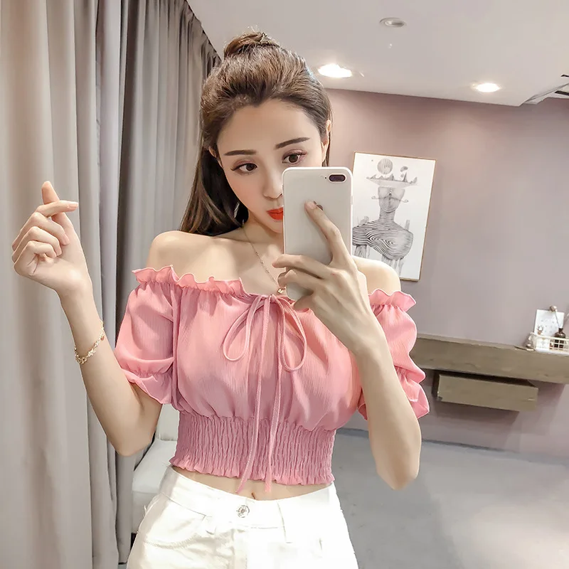 

or11279h short-sleeved chiffon blouse for women's 2019 summer wear new pure color fashionable waist-reducing top trend, White,pink,red