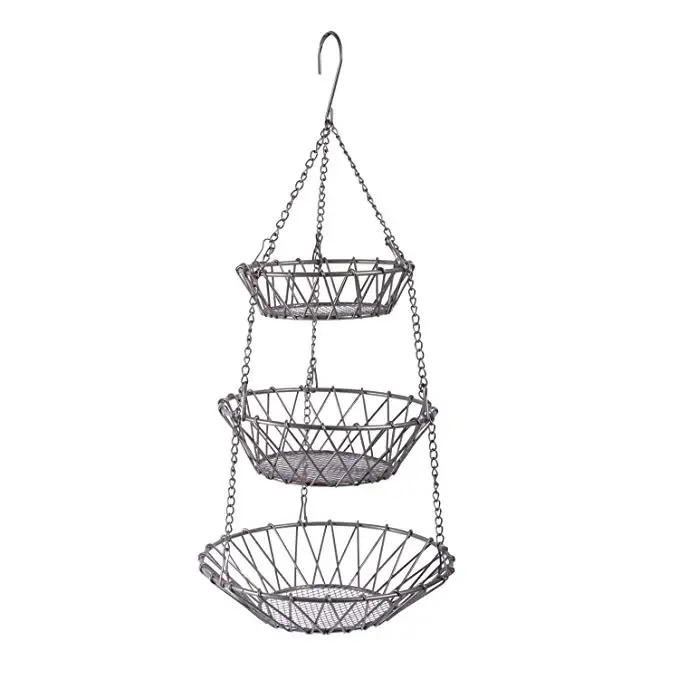 
3-Tier Fruit and Vegetable Basket with Sturdy Metal Chain Hanging Hook and Detachable Round Wire Nesting 