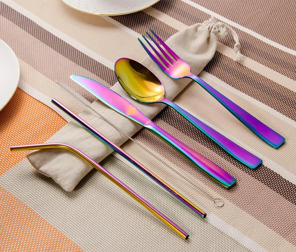 

7-Pieces Flatware with Metal Straw Stainless Steel Tableware Knife Fork Spoon Dinnerware Travel Rainbow Cutlery