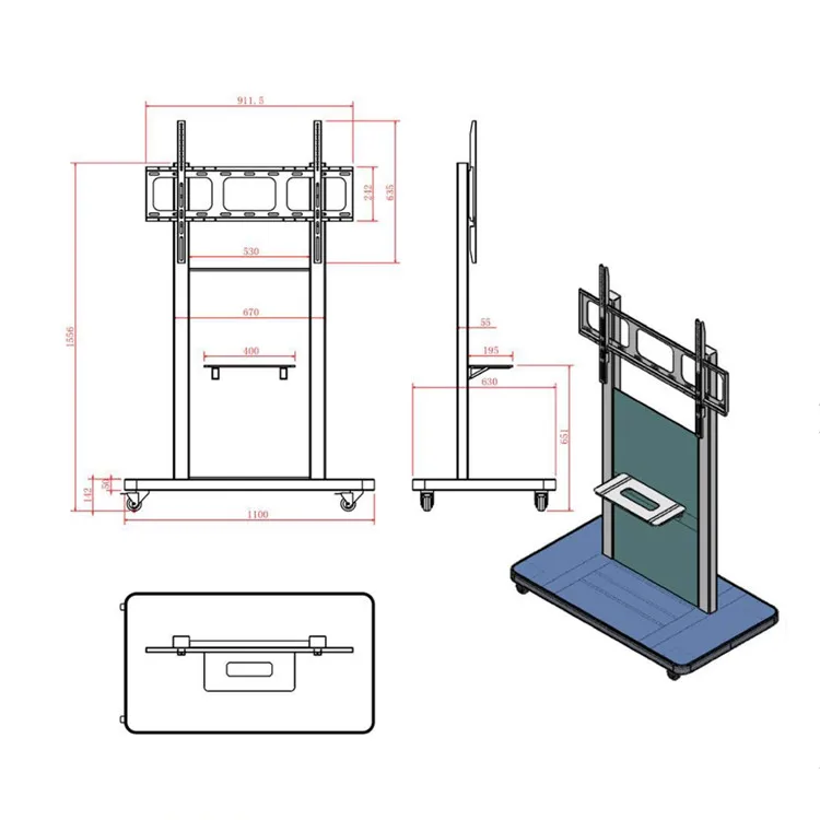 
42KG weight Custom 55 65 70 86 inch mobile tv stand tv cart furniture with wheels for interactive whiteboard 