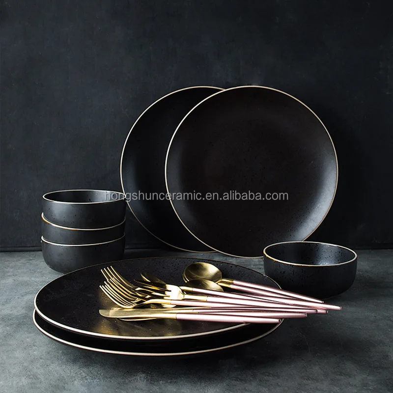 Nordic matte black ceramic tableware dinner plate wholesale rice bowl sets