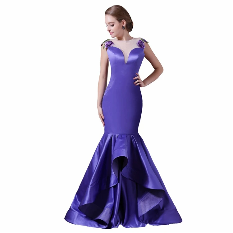 
Royal Blue Satin Mermaid Embroidery Applique Lace Sheer Back Floor Length Prom Dress  (62181100873)