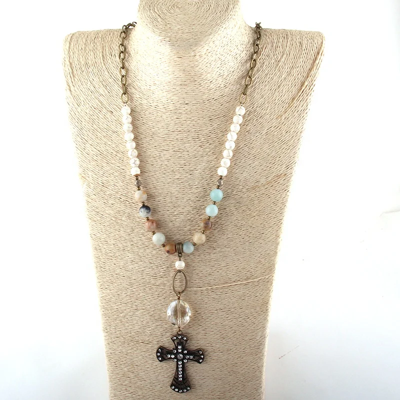 

Women Ethnic Necklace Bronze Chain Natural Amazonite Stone & Crystal Glass link Long Metal Cross Pendant Necklace, Different