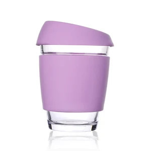 Image of Manufacturer Custom Reusable Coffee Cup Glass With Silicone Sleeve And Lid