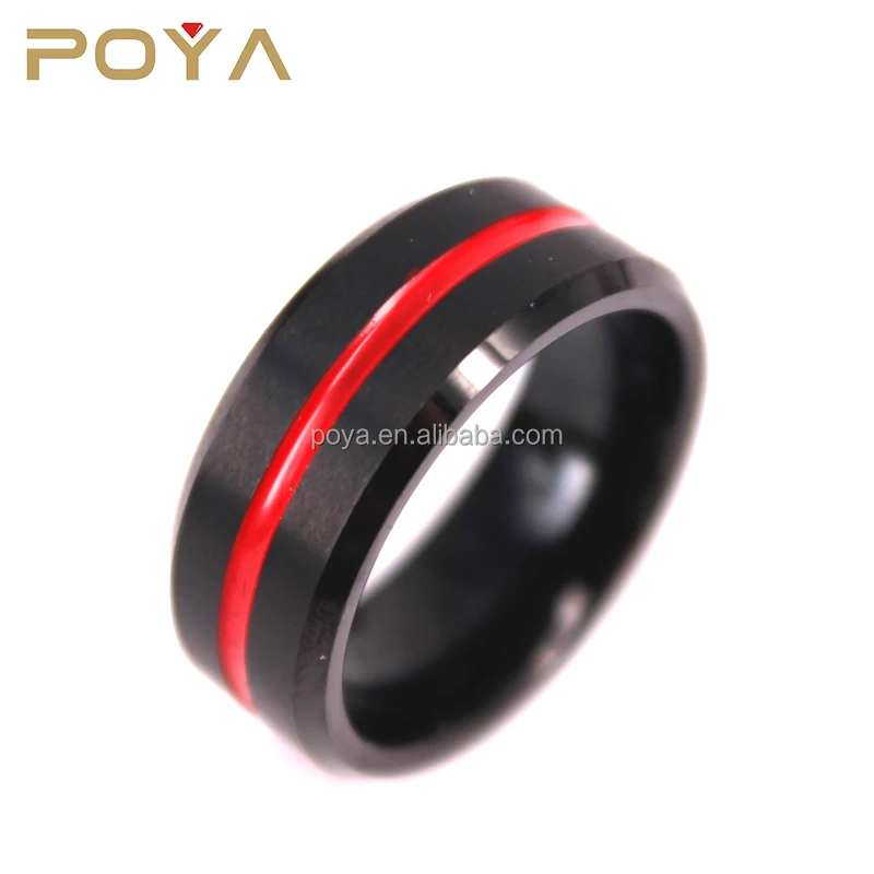 

POYA Jewelry Black Plated Tungsten Carbide Wedding Band Ring with Red Epoxy Engraved Thin Line,Comfort Fit