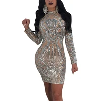 

Hot Sale Silver Bling Bling Sequined Sexy Club Dress Women Long Sleeves Bodycon Mini Dress