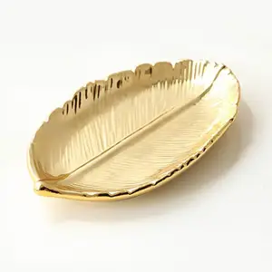 Image of Golden Leaf Shaped Small Ceramic Tray For Ring Dish Snack Dessert Serving Plates