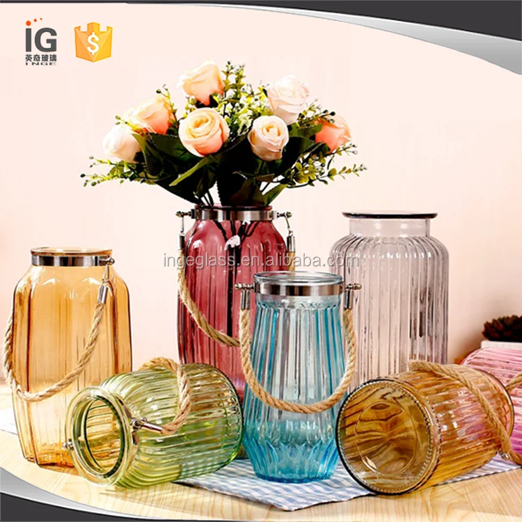 Round Glass Candle Holder With Rope Handle,Rope Handle Glass Lantern