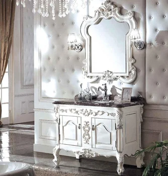 Luxury European Graceful Wooden Silver Leaf Ivory White Bathroom