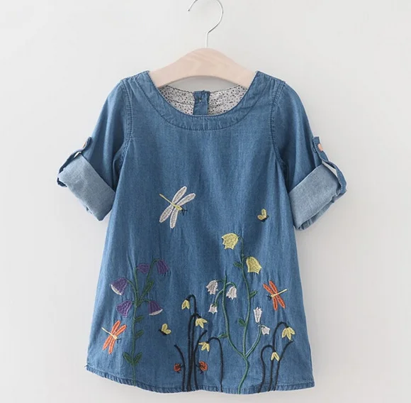 

X87122B new embroidery kids clothes flower girl denim dress, As picture