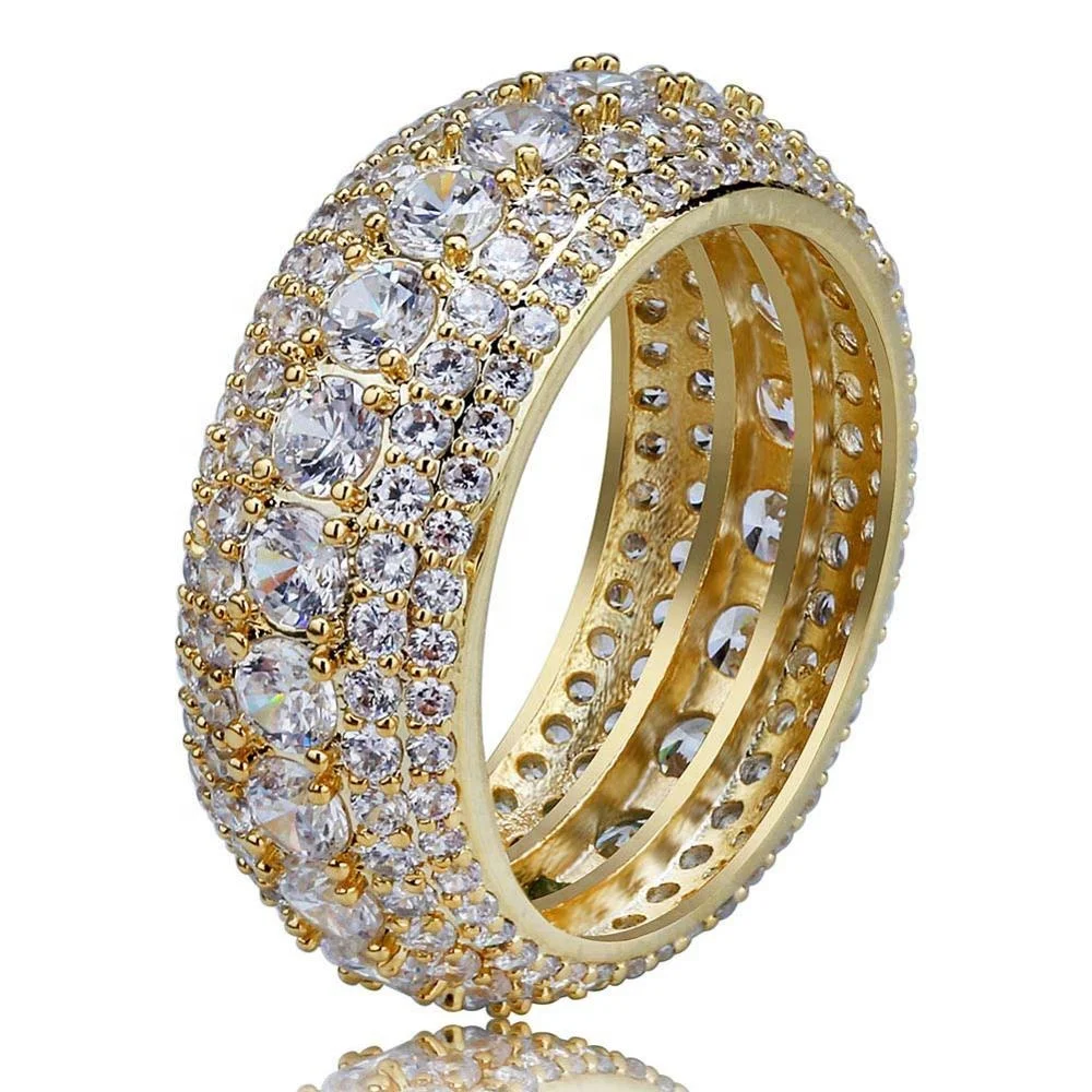 

Lab Diamond Rings Bling CZ Stone 5 Rows Luxury Punk Engagement Wedding 18K Gold Plated Unisex Hip Hop Couple Ring Jewelry, Gold/silver