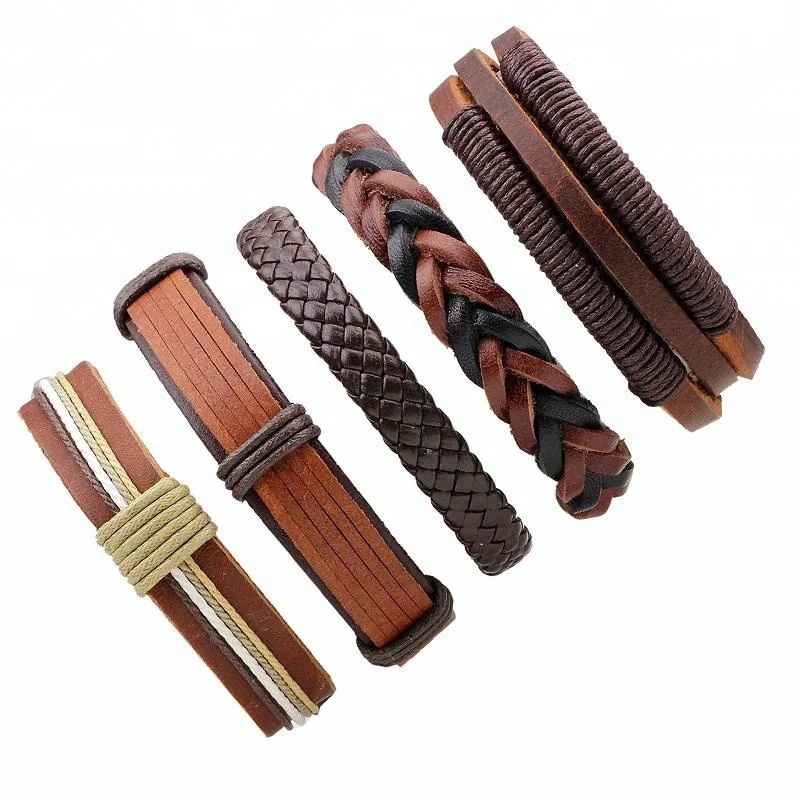 

Adjustable Wax Rope Braided Leather Wrap Multilayer Bracelets Pulseira Masculina Leather Multiple Mens Bracelets, Brown