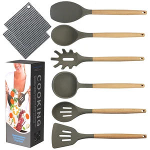 Stocked 8 piece Silicone and Wooden Utensils Best Chef Kitchen Tool Set