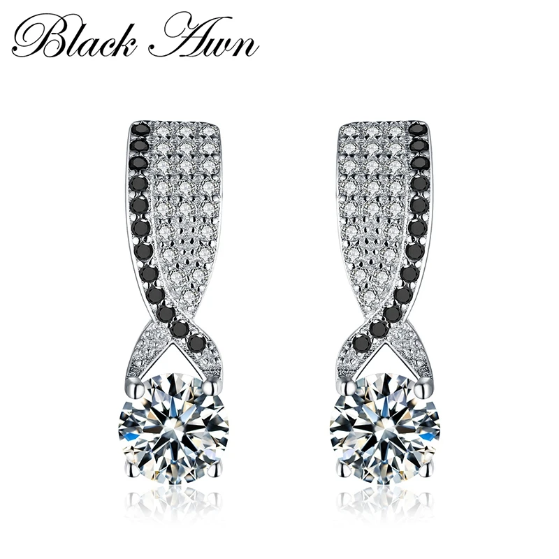 

[BLACK AWN] Genuine 925 Sterling Silver Fine Jewelry Eyes Black&White Stone Engagement Stud Earrings for Women T121