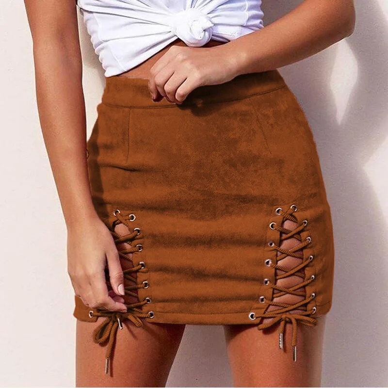 

Women's Party Faux Suede High Waist Lace Up Bodycon Pencil Short Skirts, 9 color