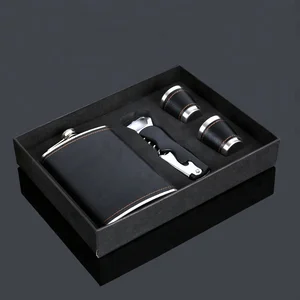 Image of Bpa free 9oz whisky liquor flagon Stainless steel alcohol Vodka leather wrapping hip flask with opener gift set