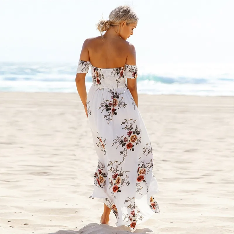 2019 new Boho style long dress women Off shoulder beach summer dresses Floral print Vintage chiffon white maxi dress vestidos