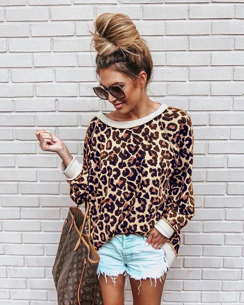 

Wholesale Fashion Women Round Neck Leopard Print Sweater Autumn Winter Long Sleeve Women Tops shirt