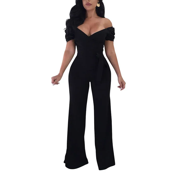 Hot Sale Off Shoulder Deep V Neck Waist Bandage Sexy Jumpsuit Women 2018