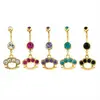Gold Brass Knuckles with Fuchsia Colored Jewel Dangle Belly Ring body piercing jewelry rings